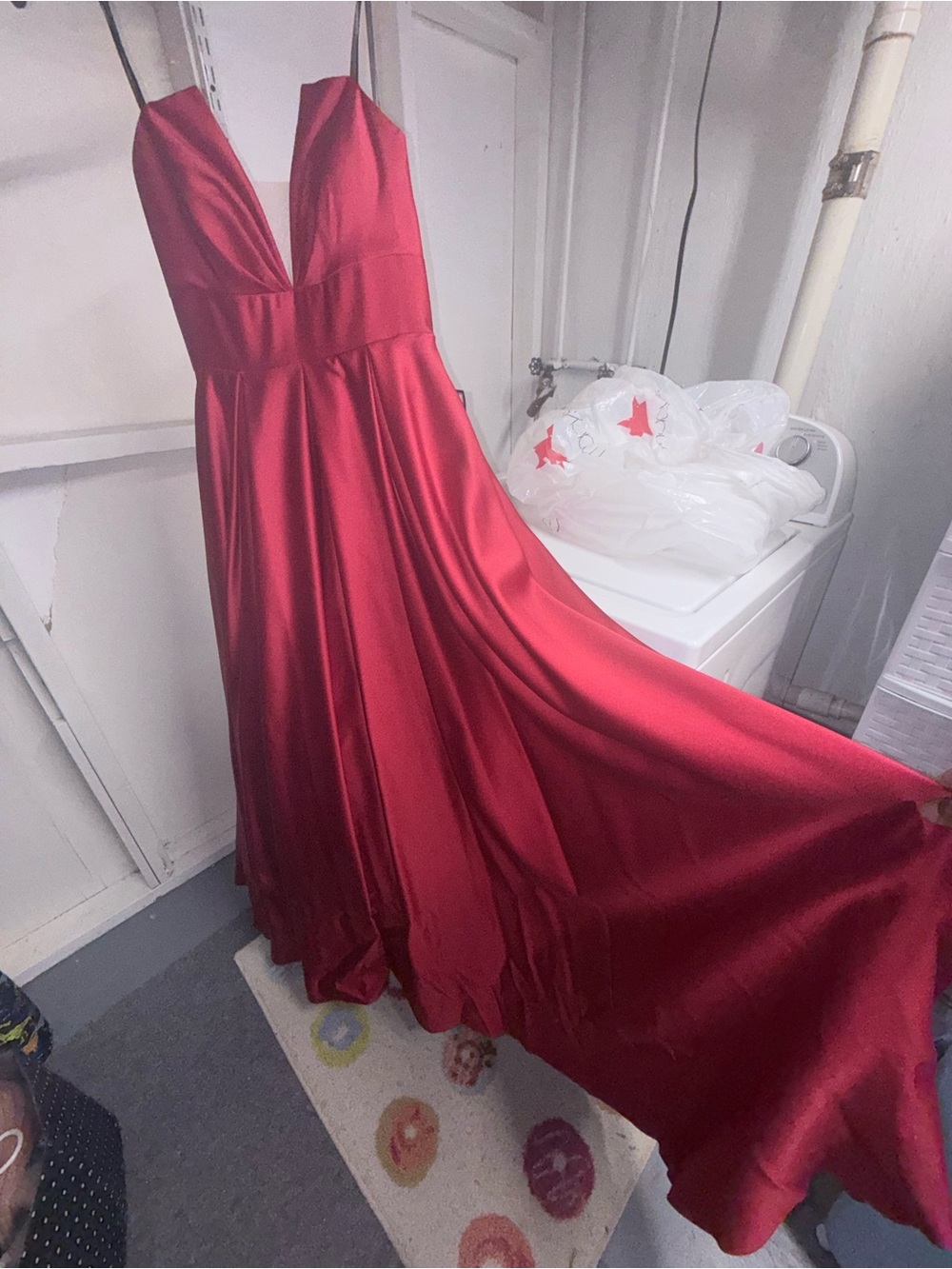 Betsy & Adam Crimson Satin Plunge V-Neck Prom Gown